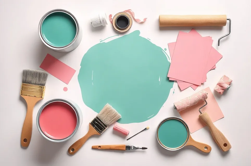 Pots de peinture, nuancier, brosses et rouleaux disposés à plat
