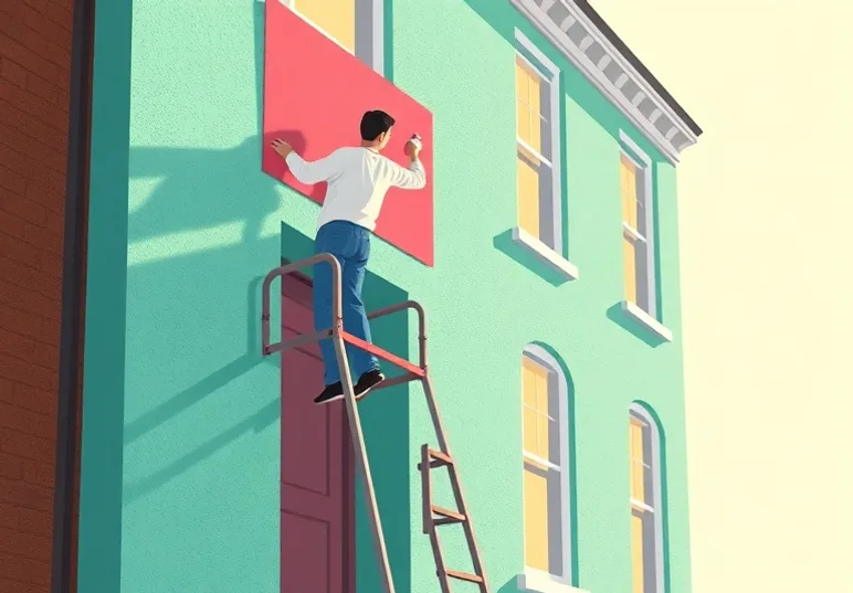 Peintre sur échafaudage traitant la façade d'une maison